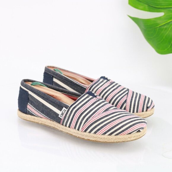 TOMS Womens Classic Alpargata Slip On Shoe Size 7.5 Navy Red Flat Espadrille - Picture 10 of 12